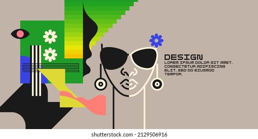 Modern geometric composition of various shapes.Background in the trend chart. Portrait of a young girl.