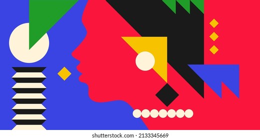 Modern geometric composition of various shapes.Background in the trend chart. Portrait of a young girl.