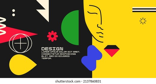 Modern geometric composition of various shapes.Background in the trend chart. Portrait of a young girl.