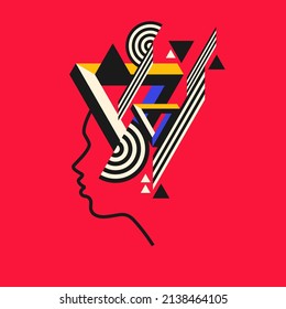 Modern geometric composition of various shapes.Background in the trend chart. Portrait of a young girl.