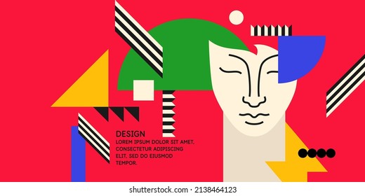 Modern geometric composition of various shapes.Background in the trend chart. Portrait of a young girl.