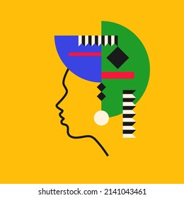 Modern geometric composition of various shapes.Background in the trend chart. Portrait of a young girl.