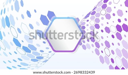 A modern geometric concept for digital design, science, and visual innovation. The hexagon in the center is for text. An abstract wave of blue and purple hexagons on a white background.