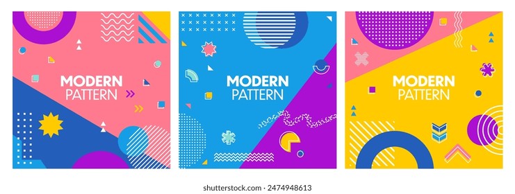 Modern geometric cover background, memphis shapes banners with vector pattern of line circles, squares, stars, dots and waves. Trendy minimal art graphic elements ornament, memphis bg covers set