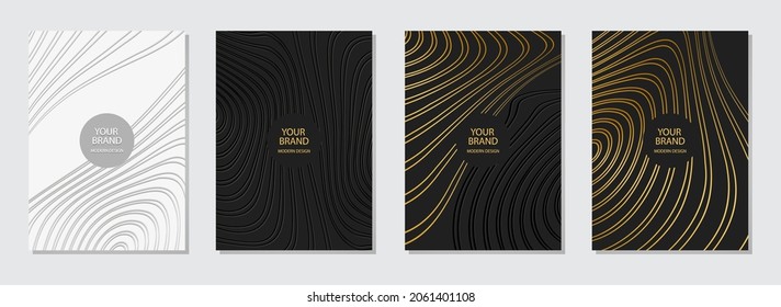Modern geometric cover design. Dynamic 3D pattern of curved contours, lines. Vertical templates for business background, magazine layout, brochure, booklet, flyer.