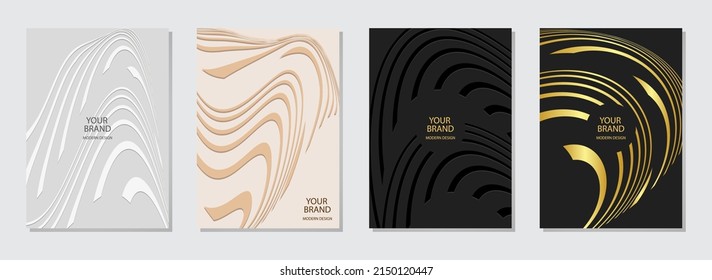 Diseño geométrico moderno de la cubierta. Patrón 3D de relieve dinámico de contornos curvos, líneas, rayas. Plantillas verticales y elegantes para el fondo de negocios, diseño de revistas, folleto, folleto, folleto.