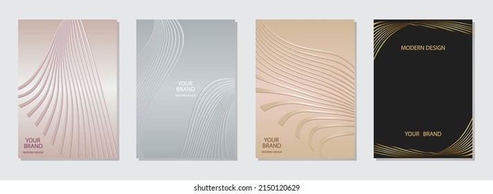 Modern geometric cover design. Dynamic relief 3D pattern of curved contours, lines, stripes. Vertical decorative templates for business background, magazine layout, brochure, booklet, flyer.
