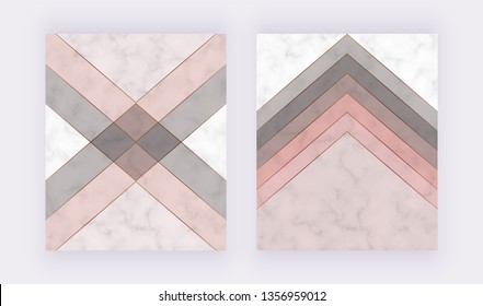 Modern geometric cover design with pink, grey triangles shapes on the marble texture. Template for card, flyer, invitation, party, birthday, wedding, print advertising
