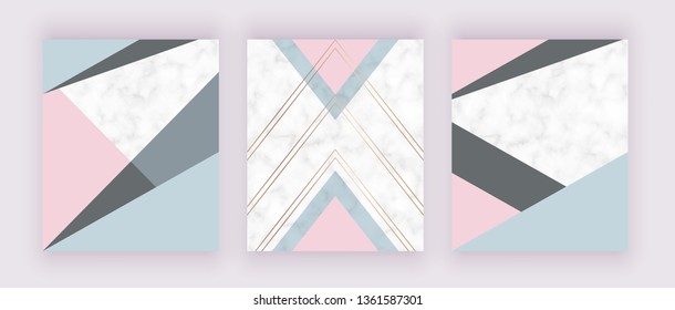 Modern geometric cover design with pink, grey triangles shapes on the marble texture. Background for card, flyer, invitation, banner, party, birthday, wedding, print advertising
