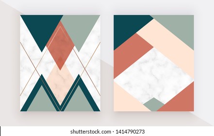 Modern geometric cover design with pink, green, orange triangles shapes and gold lines on the marble texture. Template for card, flyer, invitation, party, birthday, wedding, print advertising
