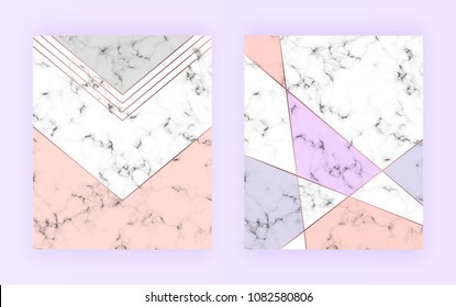 Modern geometric cover design with triangles shapes and marble texture. Gold rose lines, grey, pink background. Template for card, flyer, invitation, party, birthday, wedding, placard, brochure
