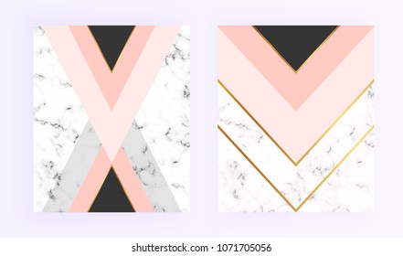 Modern Geometric Cover Designs With Triangles, Shapes And Marble Texture. Gold Lines, Grey, Black And Pink Background. Template For Card, Flyer, Invitation, Party, Birthday, Wedding, Print Advertising