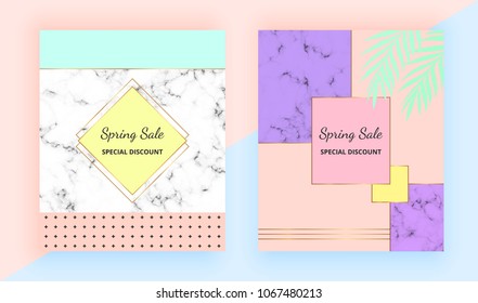 Modern geometric covers design. Colorful, gold lines, memphis style and marble texture. Retro art background, cool bright colors. Templates for invitation, card, banner, placard, party, flyer, web
