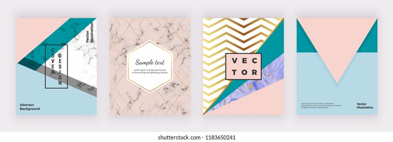 Modern geometric covers design. Triangular shapes, marble texture and golden lines. Templates for poster, brochure, wedding, invitation, banner, poster, card, placard, flyer, invite
