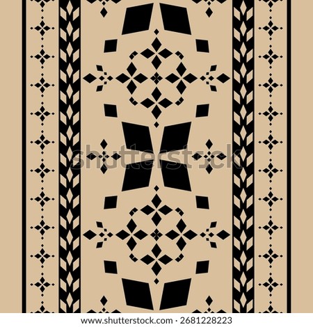 Modern geometric damask pattern with striking black floral shapes and diamond accent on beige backdrop. Ideal for high-end wallpaper fabric design invitations contemporary decorative handcraft textile