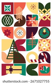 Design geométrico moderno com motivos abstratos de Natal e um fundo de paleta de cores quente.