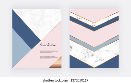 Modern geometric design marble brochure, pink, blue triangular shapes and golden lines. Background for wedding invitation, greeting, banner, flyer, poster, save the date, card

