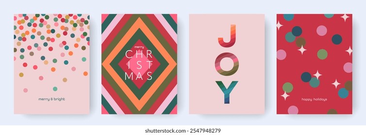 Modern geometric design of Merry Christmas and Happy New Year cards set. Abstract concept templates for winter celebration. Vintage vector backgrounds for print, poster, banner, ads, cover, invitation