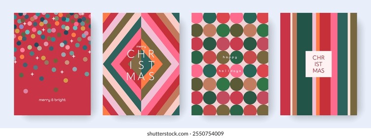 Design geométrico moderno do conjunto de cartões Feliz Natal e Feliz Ano Novo. Modelos de conceito abstratos para comemoração de inverno. Planos de fundo de vetor vintage para impressão, cartaz, banner, anúncios, capa, convite