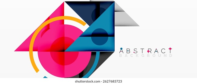 Modern geometric design. Vibrant shapes overlap, creating dynamic composition. Pink, blue, yellow hues dominate visual space.