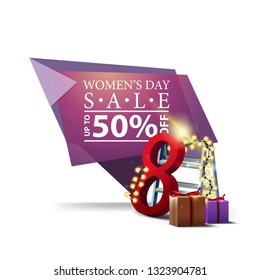 Modern geometric discount banner to the women's day with gifts and garland