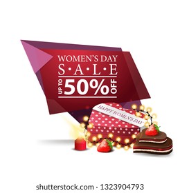 Modern geometric discount banner to the women's day with gift in the shape of a heart