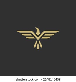 Modern geometric eagle spreading wing logo design isolated on doff black background. 