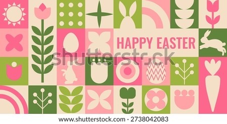Modern geometric Easter banner with pastel colors, abstract eggs, flowers, and spring symbols.