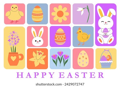Modern geometric Easter greeting card. Easter bunny, chicks, eggs and flowers. Spring holidays. Happy Easter congratulation. Festive invitation, flyer, banner, background.
