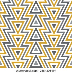Modern geometric ethnic design with grey and yellow triangles on a white background. Simple and trendy style. Seamless repeating pattern. Abstract vector illustration.