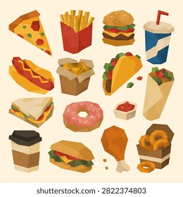 Modern geometric fast food vector collection featuring burger, pizza, fries, taco, hot dog, donut, coffee, fried chicken, burrito and street food. Colorful polygonal illustration set isolated.