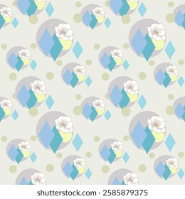 A modern geometric floral pattern with soft pastel blue and green hues. Featuring white flowers combined with abstract diamond shapes, perfect for wallpapers, textiles, decorative applications.