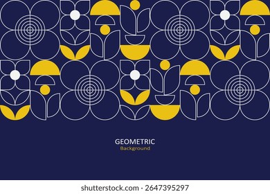 Modern geometric floral pattern with white outlines and bold yellow accents on a navy background, combining minimal elegance with vibrant design.