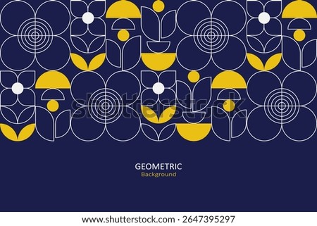 Modern geometric floral pattern with white outlines and bold yellow accents on a navy background, combining minimal elegance with vibrant design.