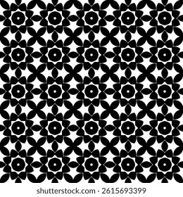 Modern Geometric Floral Seamless Pattern in Black and White, EPS Vector Background. The repetitive vector design features sharp, symmetrical angles and abstract motifs. Delivered in EPS format.