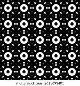 Modern Geometric Floral Seamless Pattern in Black and White, EPS Vector Background. The repetitive vector design features sharp, symmetrical angles and abstract motifs. Delivered in EPS format.