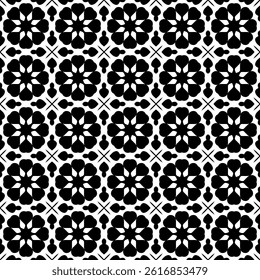 Modern Geometric Floral Seamless Pattern in Black and White Vector Background. Decorative Design for Prints and Backgrounds. Delivered in EPS format.