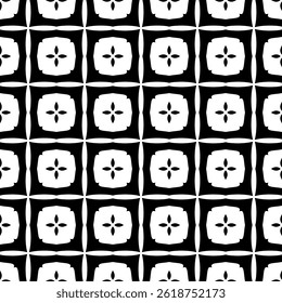 Modern Geometric Floral Seamless Pattern in Black and White, EPS Vector Background. The repetitive vector design features sharp, symmetrical angles and abstract motifs. Delivered in EPS format.