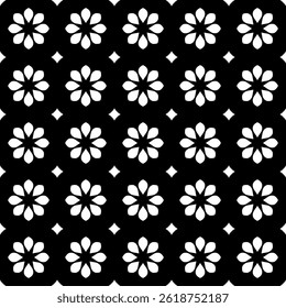 Modern Geometric Floral Seamless Pattern in Black and White, EPS Vector Background. The repetitive vector design features sharp, symmetrical angles and abstract motifs. Delivered in EPS format.