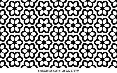 Modern Geometric Floral Seamless Pattern in Black and White, EPS Vector Background. The repetitive vector design features sharp, symmetrical angles and abstract motifs. Delivered in EPS format.