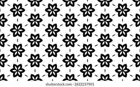 Modern Geometric Floral Seamless Pattern in Black and White, EPS Vector Background. The repetitive vector design features sharp, symmetrical angles and abstract motifs. Delivered in EPS format.