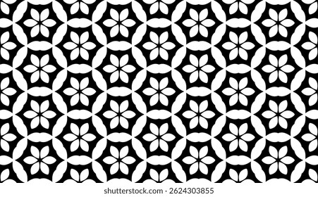 Padrão contínuo geométrico floral moderno em preto e branco, fundo de vetor EPS. O design vetorial repetitivo apresenta ângulos simétricos nítidos e motivos abstratos. Entregue em formato EPS.