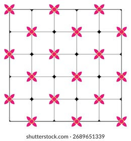 Modern geometric flower seamless pattern with pink blossoms on white background, perfect for fabric, wrapping paper, tile design, home decor, and stylish digital backgrounds.