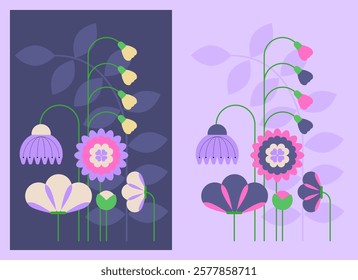 Modern Geometric flowers. Retro Spring aesthetics. Simple flat style. Abstract Flora illustration. Naive shapes. Minimalism style. 