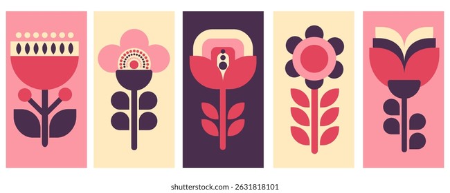 Esescandinavo moderno flores geométricas desenhado a partir de figuras simples no estilo folclórico