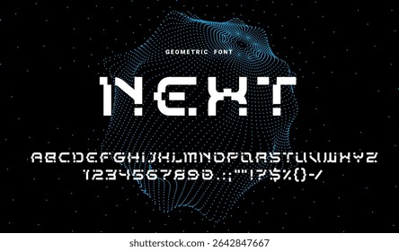 Modern geometric font, abstract tech type, futuristic typeface. Techno alphabet. Geometric typeset numeral and punctuation symbols, modern English ABC vector figures and numbers or alphabet letters