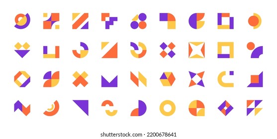 Modern geometric forms. Minimal basic abstract shapes swiss bauhaus style, primitive contemporary dynamic blocks. Vector collection. Futuristic bright circle, cross, triangle composition