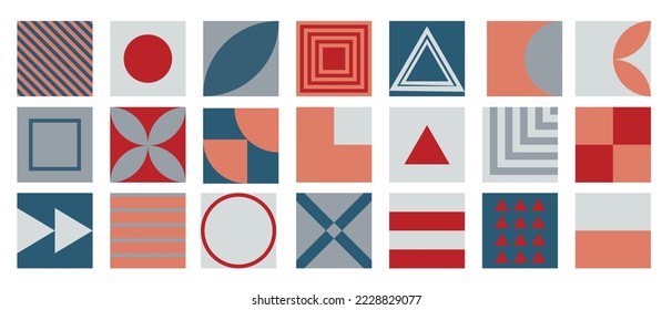 Modern geometric forms. Minimal basic abstract shapes swiss bauhaus style, primitive contemporary dynamic blocks. Brutalism basic forms, lines, eye, circles and patterns, art vector set