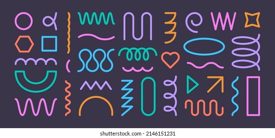 Modern Geometric Forms in Trendy Minimal Style. Vector Collection Abstract Shapes and Elements: Spiral, Zigzag, Spring Coil, Wave, Heart, Circle, Arch for Creating Patterns, Posters, Web Design