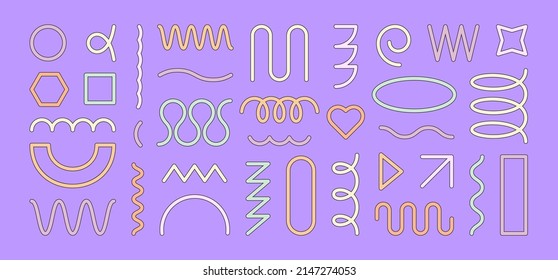 Modern Geometric Forms in Trendy Retro Style. Vector Collection Abstract Shapes and Elements: Spiral, Zigzag, Spring Coil, Wave, Heart, Circle, Arch for Creating Patterns, Posters, Web Design